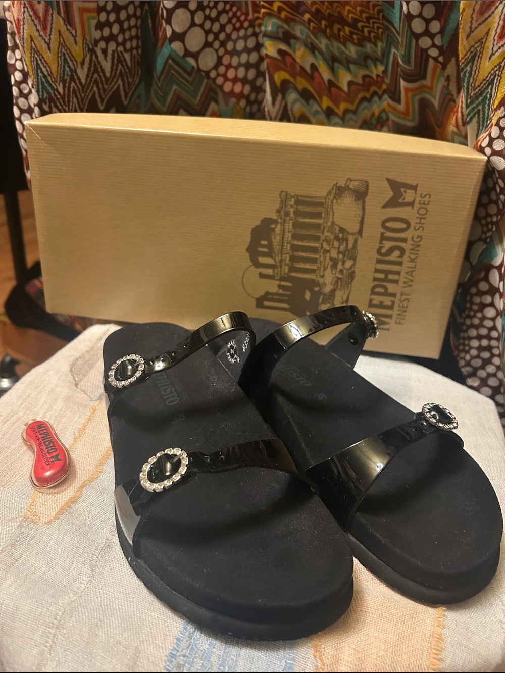 Mephisto Black Patent Slide Sandals with Crystal Buckles